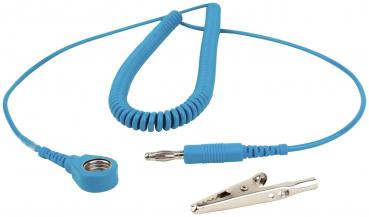 Grounding cable ESD 2.4 m, snap 10 mm / banana plug + alligator clip, light blue
