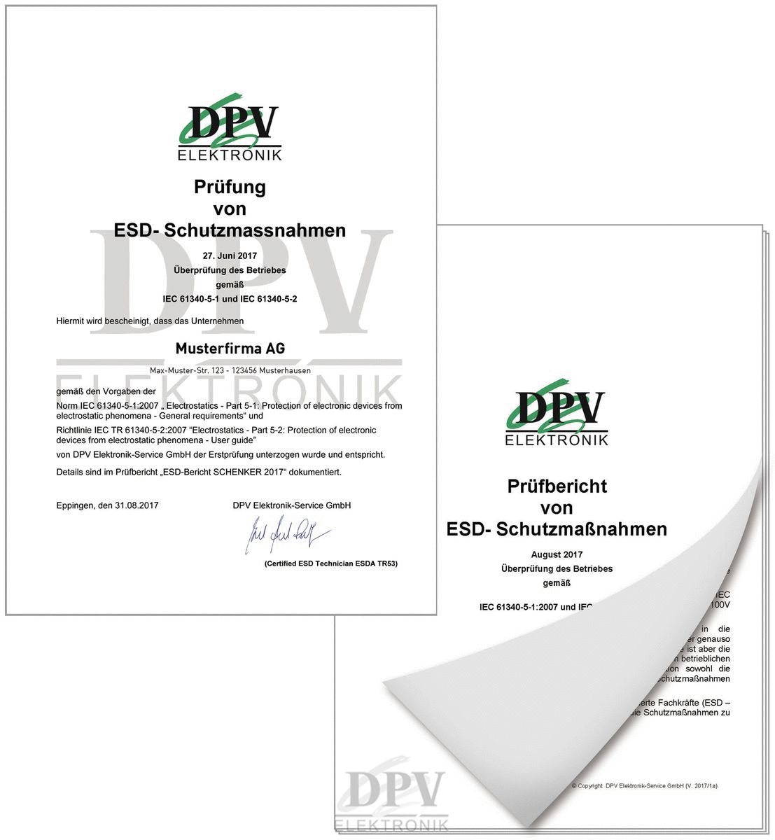 Das Bild zeigt zwei Dokumente. Beide haben einen Kopf mit dem Logo ?DPV ELEKTRONIK?. Sie sind Prüfberichte über ESD-Schutzmaßnahmen, mit Text und einem umgeschlagenen Blatt.