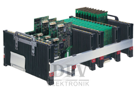 The image displays a technical device with multiple circuit boards arranged vertically. It features a black structure with cooling fins and a metal bracket in the center.