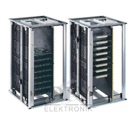 The image shows two open electronic enclosures, arranged vertically. They consist of a metal frame with black cooling and several circuit boards inside.