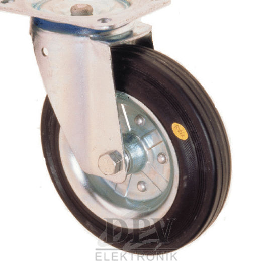 Das Bild zeigt ein robustes Rollenrad. Es hat eine schwarze Gummireifenfläche und eine silberne Metallaufnahme. Die Rolle ist ideal für Möbel oder Geräte, um sie mobil zu machen.