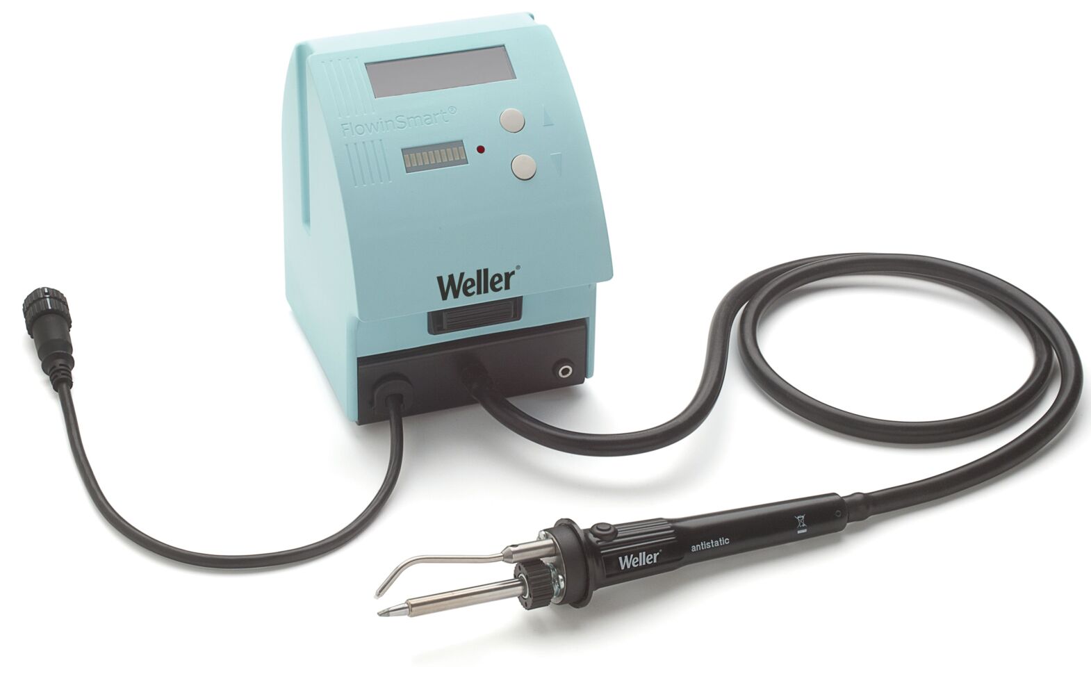 The image shows a soldering iron set. It consists of a blue control unit with a display and buttons, connected to a black soldering iron that has a pointed metal tip.