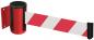 Preview: The image displays red-and-white barrier tapes with a round black casing. The tape is patterned in a zigzag, with red and white stripes, and is used for securing areas.
