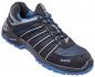 Preview: The shoe is a lightweight, sporty half-shoe in black with blue accents. It features a breathable mesh upper and a grippy, blue sole for good traction.