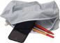Preview: The picture shows a gray pencil case with a plaid pattern. It is open and contains a black cell phone as well as two pens, one red and one orange.