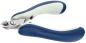 Preview: The image shows a nail clipper with ergonomic handles. The handles are blue and white, while the blade is made of shiny metal. The clipper has a curved shape for better grip.
