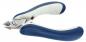 Preview: The image shows a nail scissors with a blue, rubberized handle. The blades are made of metal and are pointed. The scissors are slightly curved and have a screw in the middle for adjustment.