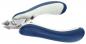 Preview: The image shows a nail or cable cutting pliers with ergonomic handles. The grip areas are blue with a white, soft insert. The cutting edges are made of metal and are sharp.