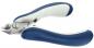Preview: The image shows a nail clipper. It has a metal blade and ergonomic handles that are blue and gray. The handles are thick and provide a good grip.