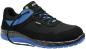 Preview: The shoe is a sporty, black sneaker with blue accents. It has a breathable surface, flat laces, and a flexible, non-slip sole.