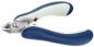 Preview: The image shows a nail scissors with non-slip, blue handles and a sharp, curved metal blade. The blade is pointed and cuts precisely.