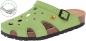 Preview: In the image, a green clog made of flexible material is shown. It has large holes for ventilation and an adjustable strap with a buckle. The sole is thick and slip-resistant.