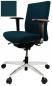 Preview: The chair has a dark blue upholstery, high backrest, and armrests. It stands on a chrome-plated base with five casters, which allows for mobility.