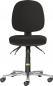 Preview: The chair has a round, padded seat and a high backrest. It is completely black and sits on a chromed base with five casters, allowing for flexible movement.
