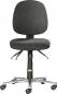 Preview: The office chair is in a dark gray shade, has a padded seat, and a high backrest. It stands on a five-spoke base with casters, making it movable.