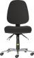 Preview: The office chair features a black padded seat and backrest. It is mounted on a sturdy, chrome-plated base with five casters that allow for mobility. Adjustable levers are visible.
