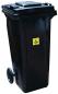 Preview: The trash can is black, has a lid and two wheels. On the front, there is a yellow warning symbol with a radiation notice. It stands stable and has a rectangular body.