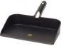 Preview: The image shows a black plastic dustpan with a wide, flat bottom and an ergonomic handle. The handle has a hole for hanging.
