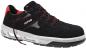Preview: The shoe is a black safety shoe with red accents. It has a sturdy sole, gray inserts, and braided laces. The shape is sporty and robust.
