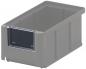 Preview: The image shows a rectangular, gray plastic box with an open top edge. On the front, there is a small, black labeling area. The box has straight edges and is sturdy.