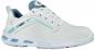 Preview: The shoe is a light, white sports shoe with blue accents. It has a round toe, laces, and a padded sole that provides good grip.