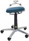 Preview: The image shows a swivel stool with a round, padded seat in blue. The stool has five casters and an adjustable height. A display indicates a tilt of up to 12 degrees.
