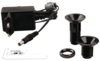 Preview: The image shows a black charger with cable and two black screw plugs. Alongside is a flat, transparent plastic measuring device.