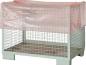 Preview: The image shows a sturdy wire basket with a rectangular shape and four legs. On it lies a transparent, slightly pink plastic sheet that protects the contents.
