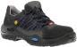 Preview: The shoe is a black safety shoe with a sturdy sole. It has blue and gray shoelaces and a yellow safety button on the side. The surface is made of robust material.