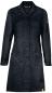 Preview: The image shows a long, black lab coat with a collar and long sleeves. It has two side pockets and a yellow logo at the bottom hem. The design is simple and functional.