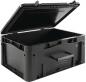 Preview: The image shows a black, rectangular plastic box with a removable lid. It has side handles and a sturdy construction, suitable for storing items.