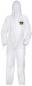 Preview: The image shows a white protective suit with a hood. It has long sleeves and legs and is designed for use in hazardous environments. A green label is visible.