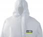 Preview: The image shows a white protective suit with a hood. It features a zipper at the front and the "uvex" logo on the chest. The suit appears lightweight and is designed for safety purposes.