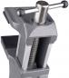 Preview: The image shows a gray vise. It has two jaws that can be opened and closed, and a large screw in the center that is used for tightening.