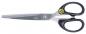 Preview: The image shows a large pair of scissors with long, straight metal blades and a black plastic handle. The handle has two round openings for the fingers.