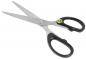Preview: The image shows a pair of scissors with silver blades and black plastic handles. The blades are joined at a joint and open sharply apart.