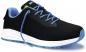 Preview: The shoe is black with blue accents. It has a smooth mesh surface, flat laces, and a white, slightly textured sole that offers comfort and flexibility.