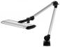 Preview: The image shows a modern desk lamp with a long, adjustable arm. The lampshade is flat and elongated, in silver color, attached to a sturdy base.