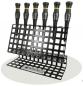 Preview: The image shows a black, grid-like holder with six screwdrivers. The screwdrivers have grippy, black handles with yellow accent lines, standing upright in the holder.