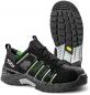 Preview: The image shows a black safety shoe with green accents. It has a sturdy rubber sole with a textured profile and reinforced toes for added protection.