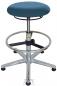 Preview: The stool has a round, padded seat in blue and an adjustable height. Its base is made of shiny metal with five casters and a round foot ring.