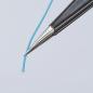 Preview: The image shows a fine, blue wire line being held by a sharp pair of pliers. The wire is slightly bent and visible at its end. The background is bright and solid-colored.