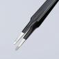 Preview: The image shows a black tweezer with flat, metallic tips. The tips are narrow and slightly curved, ideal for grasping small objects. The background is light and neutral.