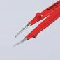 Preview: The image shows a red precision pliers with two different, narrow tips. The plier tips are metallically shiny, and the handles are designed to be grippy.