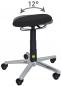 Preview: The image shows a rolling stool with an oval, black seat and an adjustable swivel mechanism. The stool has five wheels and a chrome-colored base.
