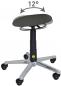 Preview: The image shows an office chair with a round, padded seat and a taller, black column. The chair has five wheels and a supportive footrest. The seat can be tilted by 12°.