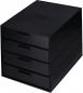 Preview: The image shows a square, black dresser with four equally sized drawers. Each drawer has a simple handle, and the surface is smooth and flat.