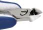 Preview: The image shows a metal pliers with blue handles. The pliers have a sharp, curved cutting edge and an open mechanism, ideal for cutting small materials.