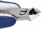 Preview: The image displays an electric nail clipper. It features a metallic handle with blue rubber inserts and an angled, sharp blade. The blade opens when operated.