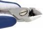 Preview: The image shows a side view of a nail clipper. The cutting edges are sharp and slightly curved. The handle is blue with a rubberized surface for better grip.